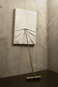 Maurizio Cattelan, Untitled, 2009, Canvas, wood, and plastic, 82 5?8” X 33 1?2” X 23 5?8.”Courtesy The Menil Collection.  