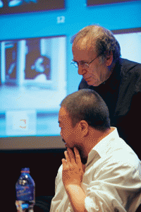 Ai Weiwei and Vito Acconci during public presentation at Para/Site Art Space in Hong Kong.Hong Kong.