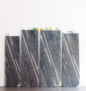 Gabriel Kuri, Complementary cornice and intervals, 2009 Marble slabs, courtesy cosmetics, 58 7/8” x 71 5/8” x 3 1/8”. Courtesy of the artist and Franco Noero Gallery, Turin. Photo: John Kennard. 